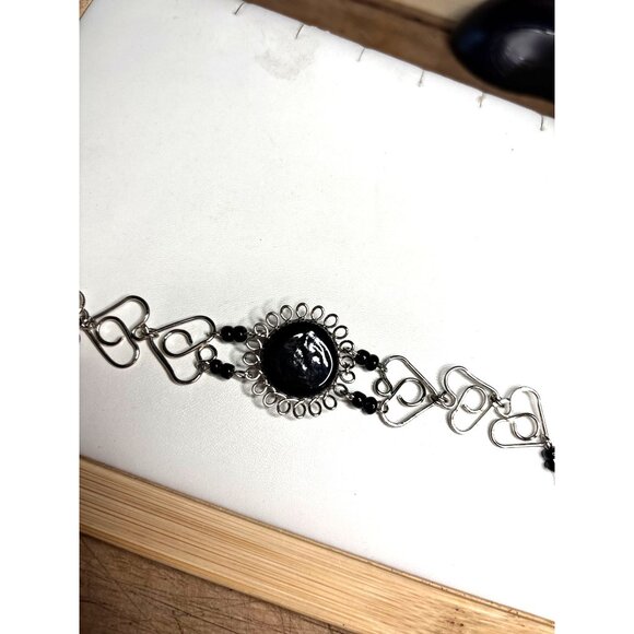 Silver & Black Stone Heart Link Bracelet With Box - Picture 6 of 9